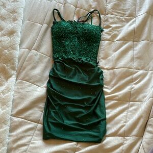Dark Green Spaghetti Straps Beaded Mini Dress